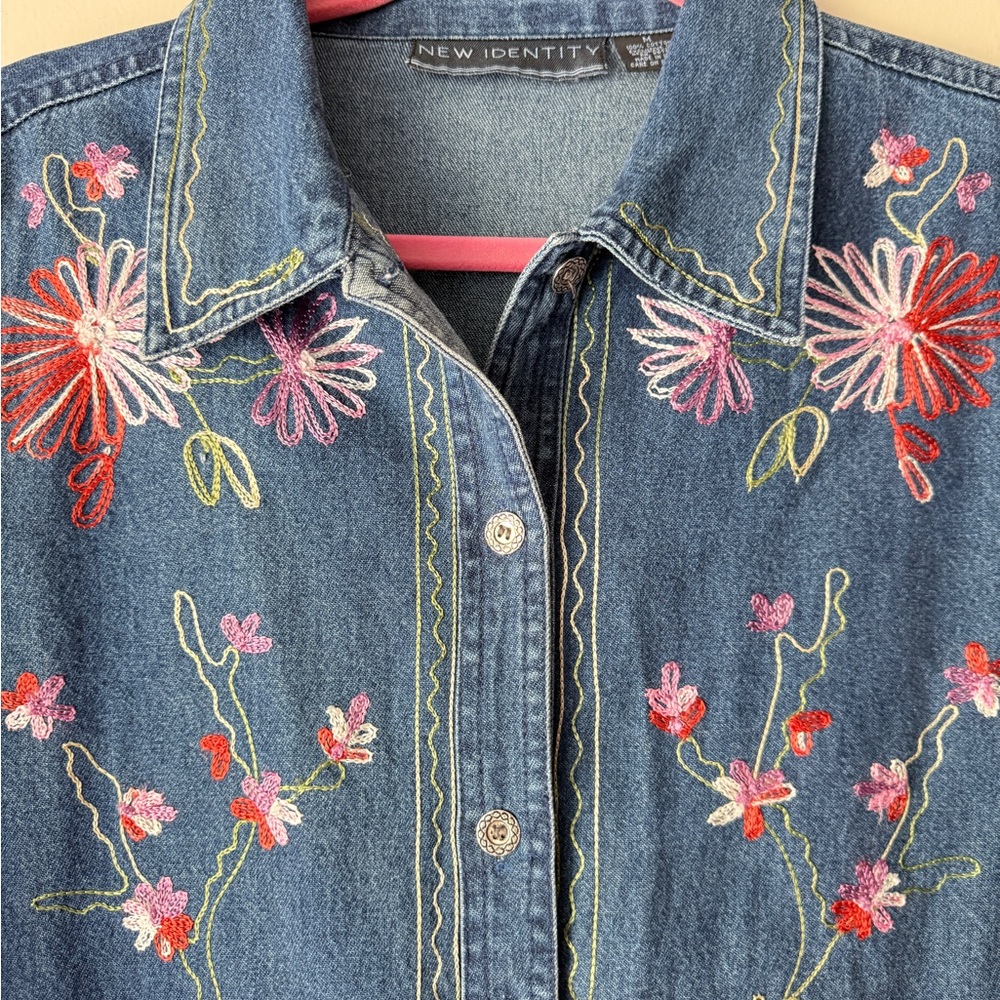 Vintage Embroidered Floral Denim Button Down Shirt - Picture 6 of 8